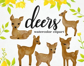 Watercolor Deer Clipart, INSTANT DOWNLOAD, Deer Clipart, Yellow Florals Clipart, Floral Clipart, Cute Nursery Clipart, Watercolor Flowers