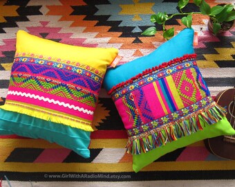 Decorative Throw Pillows - Set of 2 - Boho Mexican Colourful Unique Home Decor