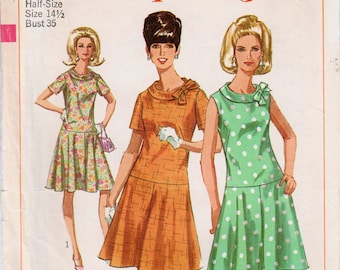 1960s Dress Pattern Drop Waist Dress Roll Collar Dress SIMPLICITY 6985 bust 35" Retro Dress Pattern Bow Neck Dress Flared Skirt Dress