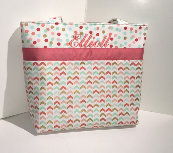 Personalized Diaper Bag . Broken Chevron Coral Mint & Gold