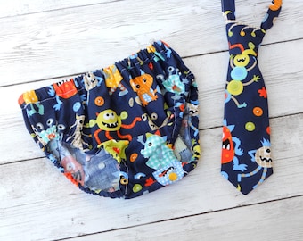 Monster 1st birthday outfit, baby boy bloomers, tie and diaper cover, monster boy birthday outfit, monster cake smash outfit, birthday set