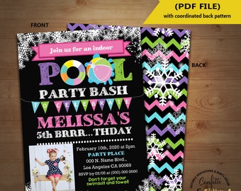 Pool birthday bash invitation winter indoor pool party chalkboard pink invite Instant Download YOU ADD Photo EDIT Text and Print invite 5996