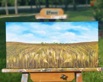 Wide Open Spaces, 20x10 Oil On Canvas, Wheat Field and Sky Landscape