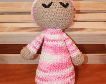 Sleeping Baby, Hand Crocheted, Tan, Pink and White