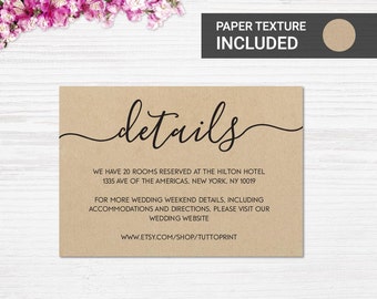 Wedding Details Printable Card on Kraft Paper Background, Customizable Wedding Details Card, DIY Wedding, Rustic wedding