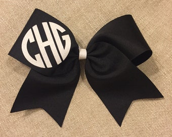 Solid Cheer bow with glitter circle initials on loop