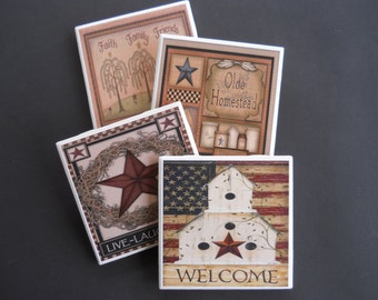 Prim Decor Coasters ~ Primitive Decor ~ Country Decor ~ Rustic Decor ~ Ceramic Tile Coasters ~ Drink Coasters ~ Housewarming Gift ~ Folk Art
