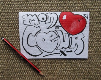 Original Hand drawn card - Mon Coeur - mom amour - unleash your inner frenchness. greetings card, engagement, wedding, just because card