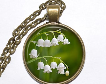 LILY of THE VALLEY Necklace, Flower Necklace, Convallaria majalis, Art Pendant Necklace, Glass Pendant, Handmade Jewelry