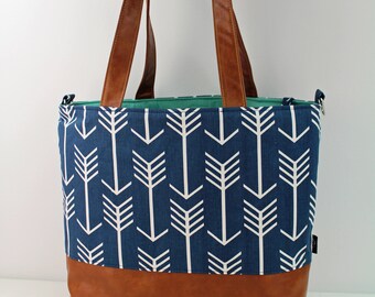 Extra Large Lulu Tote with Blue Arrows and PU Leather -READY to SHIP Beach Dance Travel Bag 7 pockets