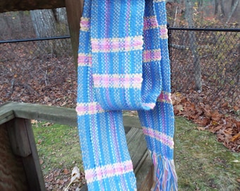 Hand Woven Scarf in Blue and Pink, 100 cotton scarf, lightweight scarf, hand-weaving, woven accessories, gifts for women, handmade scarf