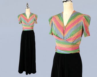 1940s Dress / Late 30s Early 40s Evening Dress / Zip Wrap Bodice / Candy Stripe Metallic Lame / Black Velvet / Puffed Sleeves