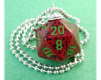 D20 Dice Pendant - Strawberry - Red Green Black Geek Gamer DnD Role Playing RPG - Paw & Claw Designs