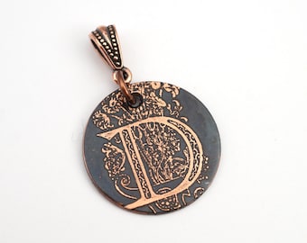 Initial D pendant, small round flat metal copper etched monogram, optional necklace, 25mm