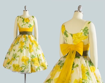 Vintage 1950s Dress | 50s Floral Print Organza Big Bow Yellow Full Skirt Cupcake Formal Party Gown (xs)