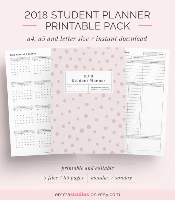 2018 Student Planner Printable Pack A4 A5 Letter High