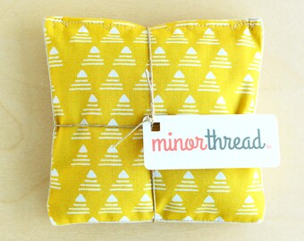 Organic Lavender Sachet Set in Golden Yellow Pyramid Print Cotton and Linen Handmade Hostess Gift - 2 Sachets Natural Home Mother's Day Gift