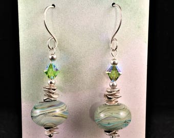 20% off St Patricks Day Sale, earrings, glass, lampwork, green, cream, silver, silver, handmade, oritinal, gift,Sassy Shack Designs, crystal