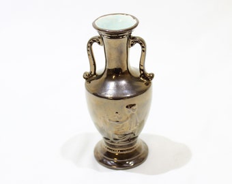 Vintage Ceramic Bronze Colored Urn Vase, Woman Playing Harp