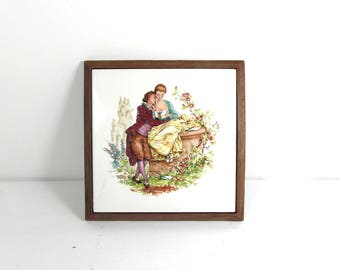 French vintage ceramic trivet, ceramic tile pot stand, Gien ceramic tile with plastic surround, french country decor, decorative tile.