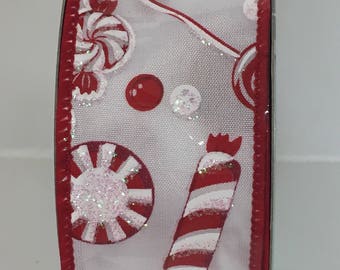 1.5 Inch Red White Candy Ribbon RG1863W7, Deco Mesh Supplies