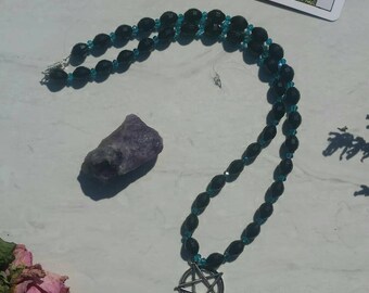 Blue and Black Pentagle Necklace - Wiccan, Pagan Occult Necklace