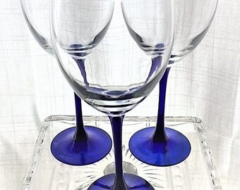 CRISTAL D'ARQUES NEPTUNE Cobalt Blue Water Goblets / Wine Glasses, Set of 3, Cristal D'Arques-Durand, Made in France, Blue Glassware