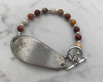 Antique silver plated spoon bracelet with Mookaite stones