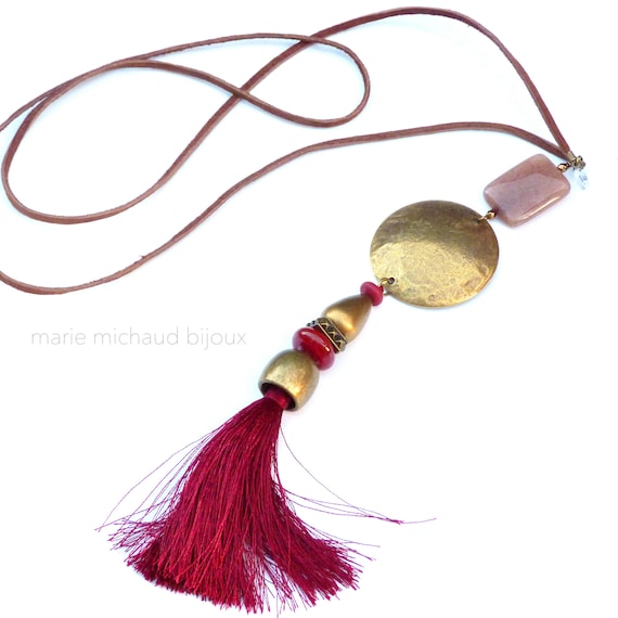 Boho necklace with tassel,Hippie chic necklace,Bohemian necklace with tassel,Silk tassel necklace,Silk and leather necklace,Fall jewelry