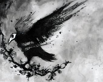 Crow painting - Ink on 8x12in canvas, A4, 20x30cm - abstract crow with music notes