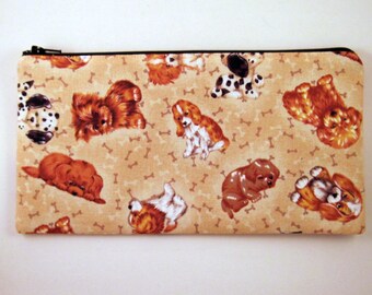 Puppy Zipper Pouch, Make Up Bag, Gadget Bag, Pencil Pouch, Beige