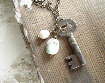 Skeleton Key Necklace. Gemstone Necklace. Antique Key Necklace. Pearl, Peruvian Opal Stone Necklace. Artisan Gemstone Jewelry. Boho Gift.