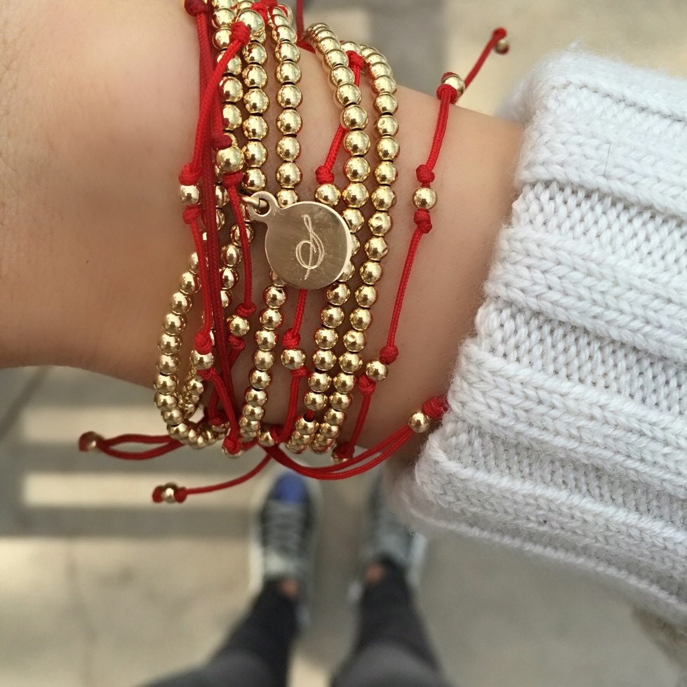 gold initial bracelet red string bracelet personalized