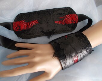 Cuff Bracelets, Fabric Cuff Bracelets, Gothic Cuff Bracelets, Lolita Cuff Bracelets, Pair, Lacy, Embroidered,Black, Red