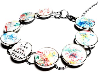 Childrens Artwork Custom Bracelet, Personalized Gift for Mom, Silver Resin Charm Link Bracelet, Childs Art, Kids, Family Gift, Mothers Day
