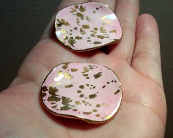 Vintage Pink and Gold Flake Porcelain Wavy Discs - 40mm - (2)