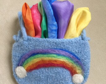 Play silks fairy silks felted pouch set Waldorf inspired Rainbow silks ready to ship