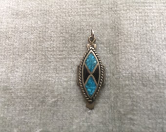 Native American Silver Pendant Inlaid with Crushed Turquoise and Black Onyx