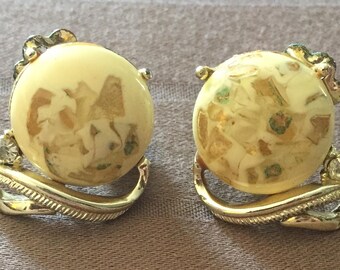 Vintage Coro Gold & White Clip-On Earrings