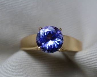 Tanzanite Engagement Ring, 14K Yellow Gold 2.06 Carat Round Solitaire Ring, Certified, Real Genuine Natural Tanzanite Jewellery