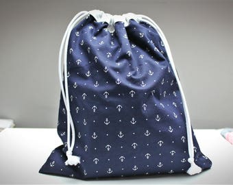 Large drawstring bag (Navy blue anchor fabric). Double drawstring with white cotton lining.