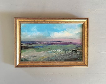 Landscape Study Painting -Original -Green Pink Blue - Art -5-1/2 x 8 approx. including frame- Ready to Hang
