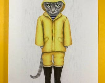Raincat/Fishercat grey cat greeting card