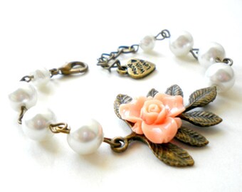 Flower Girl Gift Peach Bracelet Flower Girl Bracelet Rustic Wedding Jewelry Leaf Bracelet Pearl Children Jewelry Gift For Little Girls