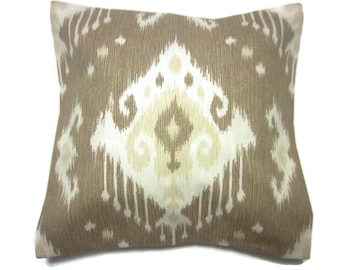Decorative Pillow Cover Ikat Design Light Brown Tan Ivory Same Fabric Front/Back Toss Throw Accent 18x18 inch x