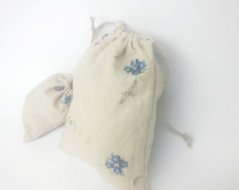 Small linen gift bags - Set of 10 custom size fabric bags - Embroidered linen and burlap gift drawstring bags for jewelry, gifts etc...