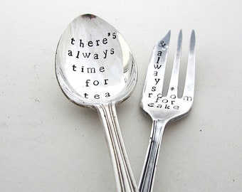 Time for Tea, Room for Cake, Teaspoon and Cakefork, Handstamped Mismatched Cutlery Set, Hand Stamped Vintage Tea Spoon and Cake Fork