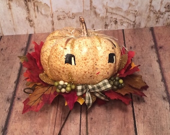 Pumpkin boy fall decor thanksgiving decor vintage retro inspired anthropomorphic autumn art doll tomi kelly original