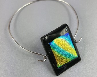 Dichroic Glass and Wire Bracelet, Black Blue Green Yellow Orange Dichroic Fused Glass Bracelet by AMEArtistry2017,