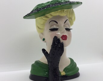 Tattooed Vintage Head Vase ~ OOAK ReVamped Vintage Vase ~ Glitter & Glamour